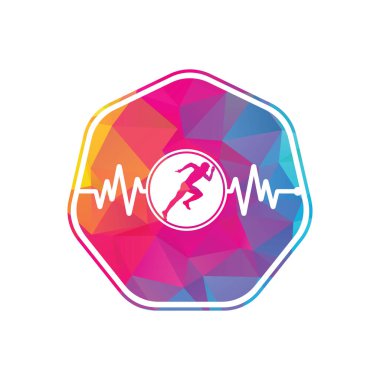 Nabız maratonu logo tasarım ikonu vektörü. Vücut Sağlığı Logosu Tasarımı. Satırı olan çalışan adam EKG kalp atışı simgesi.