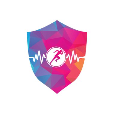 Nabız maratonu logo tasarım ikonu vektörü. Vücut Sağlığı Logosu Tasarımı. Satırı olan çalışan adam EKG kalp atışı simgesi.