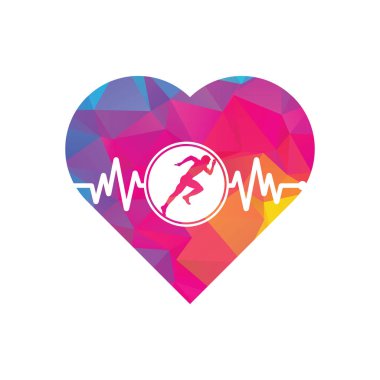 Nabız maratonu kalp şekli konsept logo tasarım ikonu vektörü. Vücut Sağlığı Logosu Tasarımı. Satırı olan çalışan adam EKG kalp atışı simgesi.