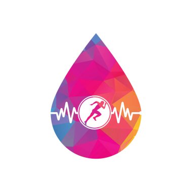 Nabız maratonu harita pin şekli logo tasarım ikonu vektörü. Satırı olan çalışan adam EKG kalp atışı simgesi.