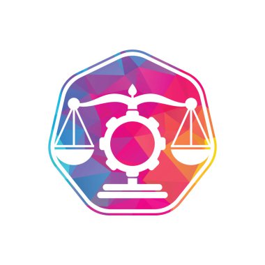 Endüstriyel hukuk firması vektör logosu tasarımı. Vites logosu tasarım şablonuna sahip hukuk firması.