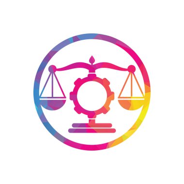 Endüstriyel hukuk firması vektör logosu tasarımı. Vites logosu tasarım şablonuna sahip hukuk firması.