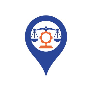 Harita şekilli logo tasarım şablonu olan hukuk firması ekipmanları. Endüstriyel hukuk firması vektör logosu tasarımı.