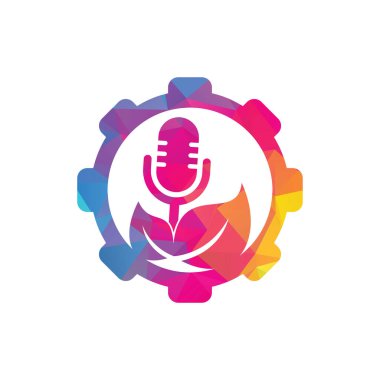 Yaprak podcast vites şekilli konsept logo tasarım şablonu. Mikrofonlu ve yapraklı Podcast talk show logosu
