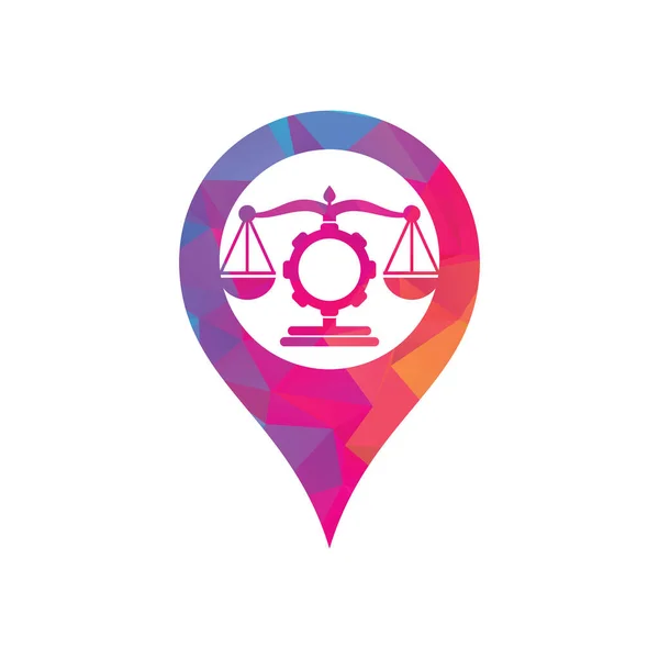 Law Firm Gear Map Pin Shape Concept Logo Design Template —  Vetores de Stock