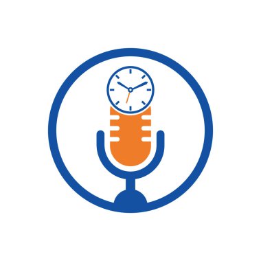 Podcast zaman vektör logo tasarım şablonu. Mikrofon saat vektör logo tasarımı simgesi.