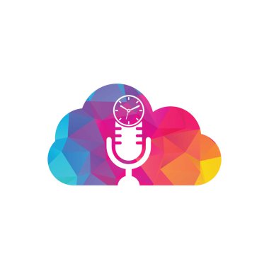 Podcast zaman bulutu şekilli konsept vektör logo tasarım şablonu. Mikrofon saat vektör logo tasarımı simgesi.