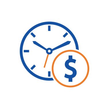 Zaman Doları logo tasarım şablonu simgesi. Zaman para konsepti, saat ve para demektir..