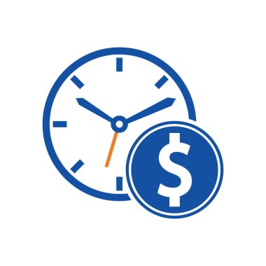 Zaman Doları logo tasarım şablonu simgesi. Zaman para konsepti, saat ve para demektir..