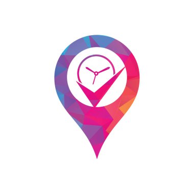 Check Time map pin shape concept Logo Design Template. Stopwatch logo.