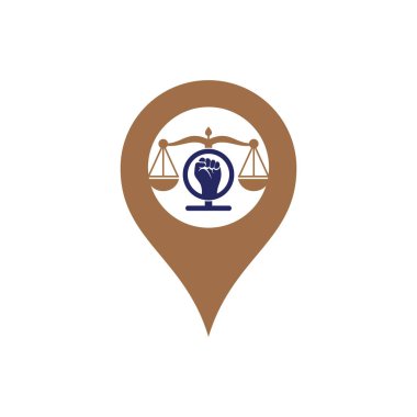 Law fist map pin shape concept logo design icon. Justice Scales in Hand logo template design. Revolution justice logo concept.