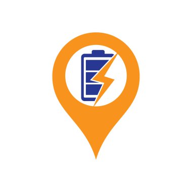 Power Battery map pin shape concept Logo Design Template. Battery power and flash lightning bolt logo icon.