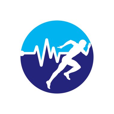 Nabız maratonu logo tasarım ikonu vektörü. Vücut Sağlığı Logosu Tasarımı. Satırı olan çalışan adam EKG kalp atışı simgesi.
