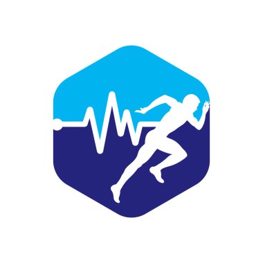 Nabız maratonu logo tasarım ikonu vektörü. Vücut Sağlığı Logosu Tasarımı. Satırı olan çalışan adam EKG kalp atışı simgesi.