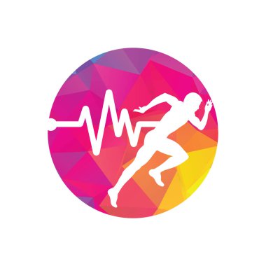 Nabız maratonu logo tasarım ikonu vektörü. Vücut Sağlığı Logosu Tasarımı. Satırı olan çalışan adam EKG kalp atışı simgesi.