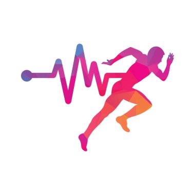 Nabız maratonu logo tasarım ikonu vektörü. Vücut Sağlığı Logosu Tasarımı. Satırı olan çalışan adam EKG kalp atışı simgesi.