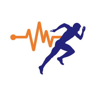 Nabız maratonu logo tasarım ikonu vektörü. Vücut Sağlığı Logosu Tasarımı. Satırı olan çalışan adam EKG kalp atışı simgesi.