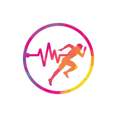 Nabız maratonu logo tasarım ikonu vektörü. Vücut Sağlığı Logosu Tasarımı. Satırı olan çalışan adam EKG kalp atışı simgesi.