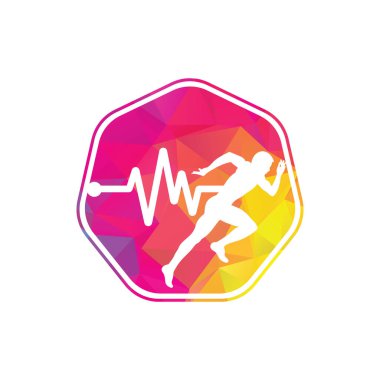 Nabız maratonu logo tasarım ikonu vektörü. Vücut Sağlığı Logosu Tasarımı. Satırı olan çalışan adam EKG kalp atışı simgesi.