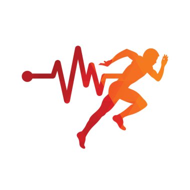 Nabız maratonu logo tasarım ikonu vektörü. Vücut Sağlığı Logosu Tasarımı. Satırı olan çalışan adam EKG kalp atışı simgesi.