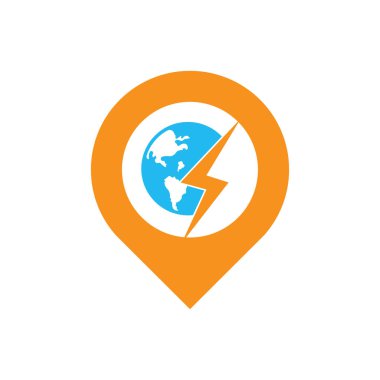 Küre ve gök gürültüsü vektör logo şablonu. Gök gürültüsü haritası iğne şekli konsept vektör logo şablonu.