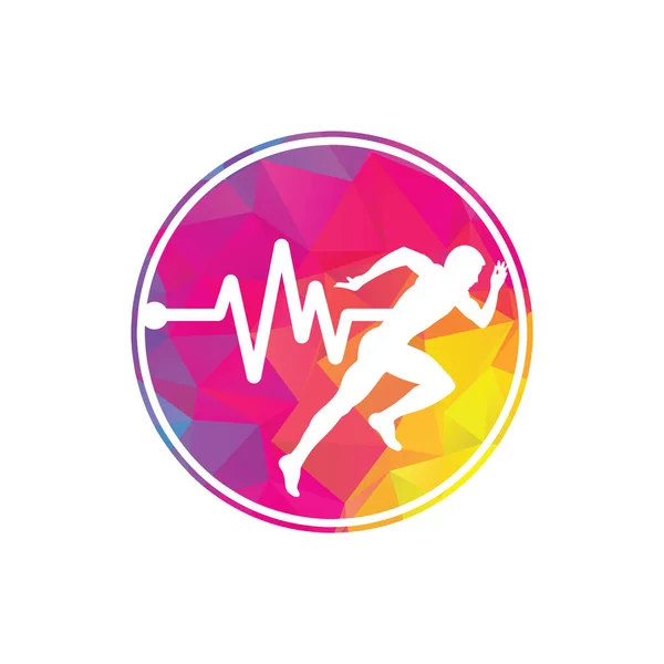 脉动马拉松标志设计图标矢量 身体保健标志设计 跑步男子与线卵形心跳图标 — 图库矢量图片