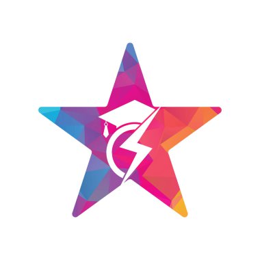 Yıldırım Eğitimi Yıldızı şekil konsept vektör logo şablonu. Mezuniyet şapkası ve gök gürültüsü simgesi olan eğitim logosu.