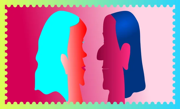 Post stamp with couple of people in psychedelic colors — Stock Photo, Image