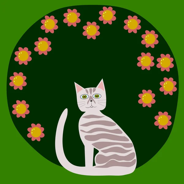 Randig katt främre blommande buske — Stock vektor