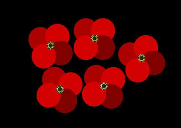 Five Red Poppy Flowers Black Background Commemorating Fallen Soldiers World — Stock Vector