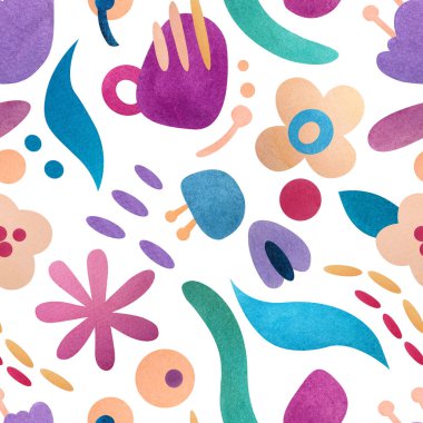 El çizimi suluboya basit soyut desen ve beyaz arka planda sevimli çiçekler. Suluboya şekilli kusursuz baskı.