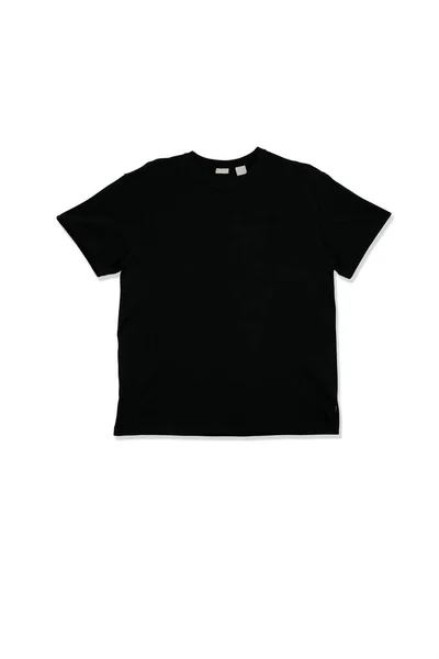 Černá Prostý Krátký Rukáv Bavlněné Tričko Šablona Izolované Bílém Pozadí — Stock fotografie