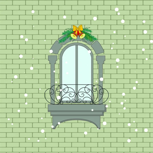 Window Christmas Fir Branches — Stock Vector