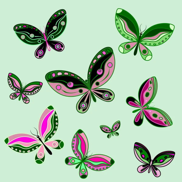 Conjunto Mariposas Brillantes Sobre Fondo Verde — Vector de stock