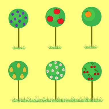 Sarı arka planda meyveleri olan ağaçlar. Meyve bahçesi.