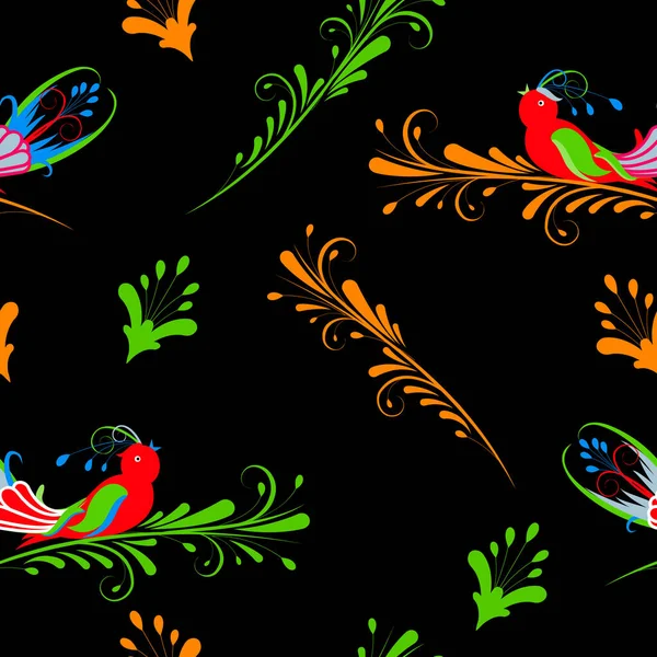 Patrón Sin Costuras Con Aves Brillantes Aisladas Sobre Fondo Oscuro — Archivo Imágenes Vectoriales