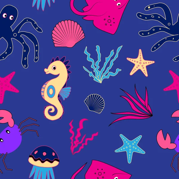 蓝色背景下的海洋动物无缝图案 — 图库矢量图片