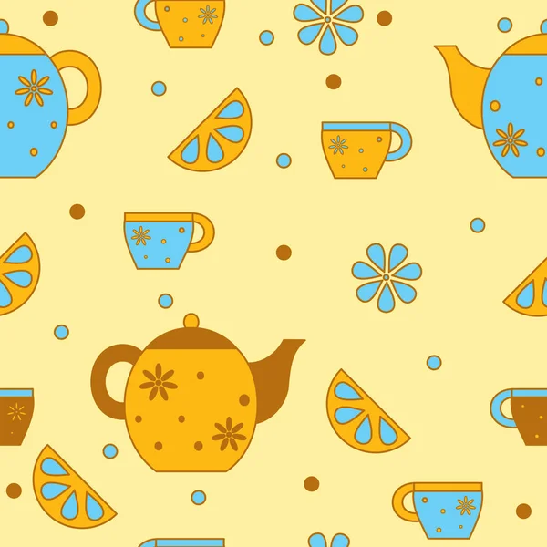 Vector Seamless Pattern Cup Teapot Lemon — Stock Vector