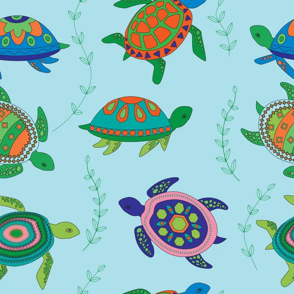 无缝隙图案与可爱的卡通龟 海龟的彩色背景 — 图库矢量图片
