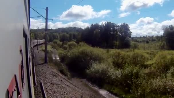 Tren en una curva aguda con colinas y bosques — Vídeo de stock