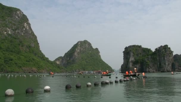 Touristen in einem kleinen Boot für eine schwimmende Fischerdorf-Tour — Stockvideo