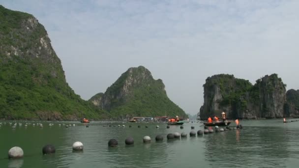 Tourists in a small boat for a floating fishing village tour — Stock Video