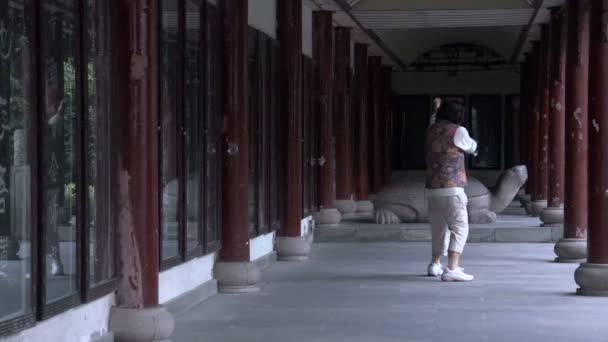 Mujer mayor haciendo Tai chi en el Monasterio de Wenshu — Vídeos de Stock