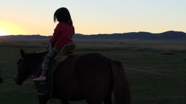 Little girl on a horse with a father — Stock Video