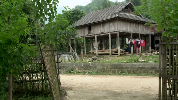 Volunteer farmers passing by a stilts house with hay — Stock Video