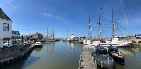 Panorama Sailboats Harbor Harlingen Friesland Netherlands — Zdjęcie stockowe