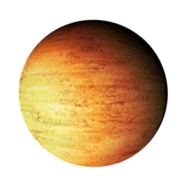 Turuncu kahverengi çöl ya da yan ışıklandırması ve gölgesi olan dev gaz gezegeni dijital illüstrasyonu. Beyazda izole edilmiş