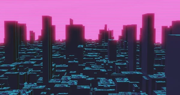 Cgiレンダリングイラスト レトロなアニメは 高層ビル デジタルピンクのネオンの空と夜のスカイラインで暗い街にインスピレーションを与えた — ストック写真