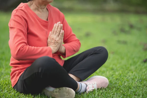 Senior Asiatische Frau Praktiziert Yoga Unterricht Atmung Meditation Garten Arbeiten — Stockfoto