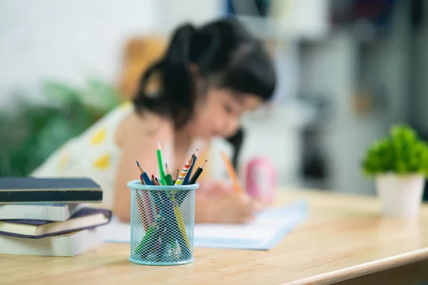 Close Pencil Holder Cute Little Child Wearing White Headphone Painting — Stockfoto